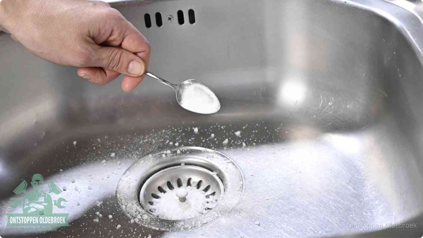 Een hand strooit met een lepel soda in de afvoer van een roestvrijstalen spoelbak, de soda en azijn huismiddel-methode om de afvoer te ontstoppen in Oldebroek