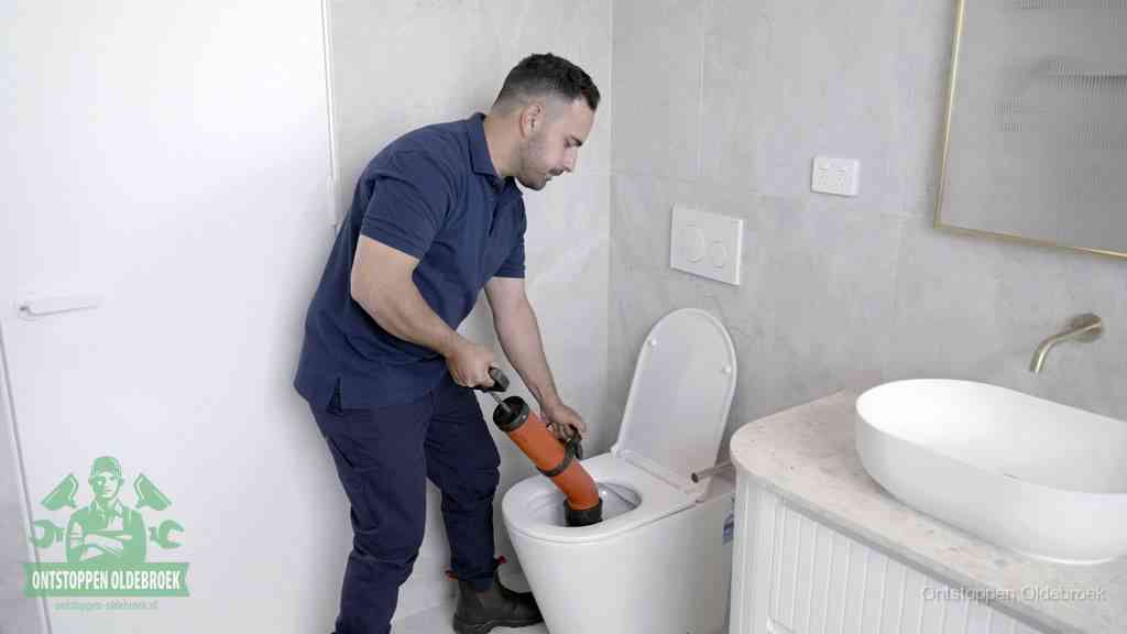 Een monteur gebruikt een handmatige perspomp (toiletontstopper) op een wandcloset tijdens het professioneel wc ontstoppen in Oldebroek